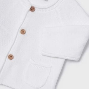 Mayoral White Knit Cardigan with Brown Wooden Button Accents 2 Pockets 4-6months